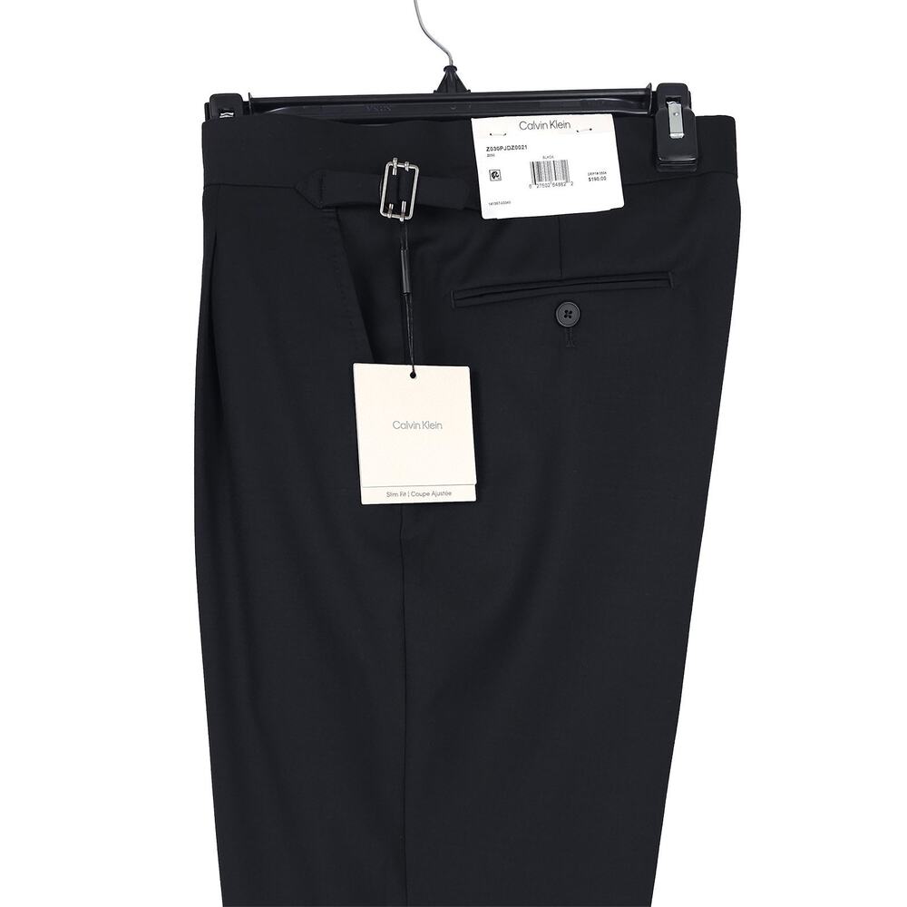 Calvin Klein Mens Slim Fit Wool Dress Pants 34x30 Black Solid Pleated NWT
